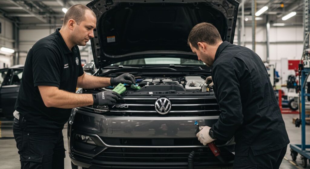 Mechanics working on Volkswagen car